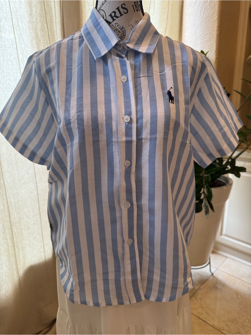 Polo by Ralph Lauren Light Blue and White Vertical Stripe Short Sleeve Shirt
